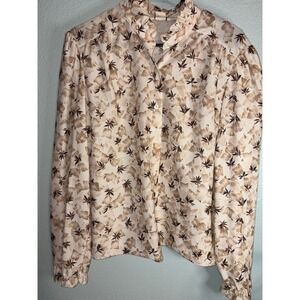 Vintage Cricket Lane Floral Ruffle Neck Blouse Tan Brown Long Sleeve Size 20 USA